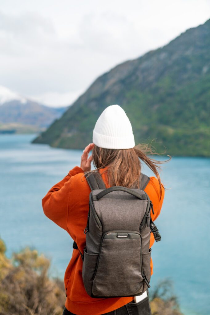 girl standing at bobs cove with a Vanguard Vesta Aspire 41 Camera Bag